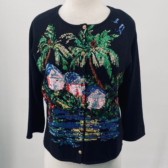 Vintage Y2k Michael Simon Sequined Cardigan Beach Island Hut Sweater Black M - Picture 2 of 9